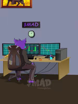 An illustrated image depicts a cartoon character personified as a purple-skinned being with a dog-like head seated at a desk with three computer screens. Two screens display trading charts, while the third is blank. The desk includes a mug and office supplies. Text reading '$MAD' appears above the screens and at the base of the desk, surrounded by a wall with a clock hanging on it.