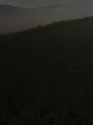 An atmospheric image depicting a landscape, with a dark foreground transitioning to a hazy, indistinct background. The scene is dominated by muted tones, featuring a dark, possibly forested area in the foreground, and blurred, darker elements suggesting mountains or hills. The image has an overall somber, possibly twilight or dawn, feel.