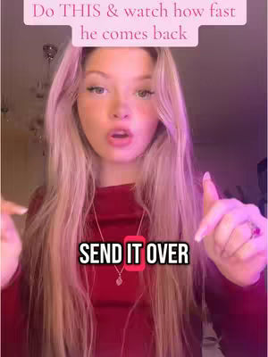 A woman with long blonde hair is centered in the frame, pointing with both index fingers towards the viewer, lips slightly parted as if about to speak. The background is blurry, with pink hues. Text overlays are positioned above and below the woman.