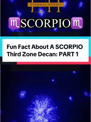 The image is a vertical video cover with a dark blue background speckled with small, bright blue-white bursts. At the top, there is a gold logo with the text "ETERNAL HERMIT." Below this, the word "SCORPIO" is centrally placed in white. There m-shaped logo in pinkish purple on both sides of the word. A white and teal highlighted text overlay, with the header, is overlaid near the bottom.