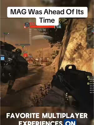 The cover image is a screenshot from a first-person shooter video game, likely MAG. There are various elements of the game's heads-up display visible, including a timer, health bars, and the game's crosshair. The environment appears to be a desert or urban setting. Text overlays at the top say "MAG Was Ahead Of Its Time" and "Favorite Multiplayer Experiences On" is on the bottom.