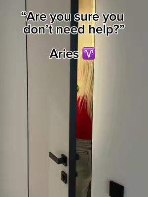 The image shows a hallway with open doors, framing a person. Text is layered on top, asking a question and labeling the person's star sign.