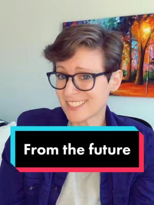 A person with short, styled hair and glasses smiles at the camera with a home-based setting behind them. A text overlay reading "From the future" is in a rectangle at the bottom.