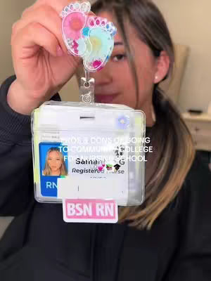 The image showcases a woman holding a nurse ID card and a decorative badge with baby footprints, against a soft-focus background. Text overlays indicate the video's topic.