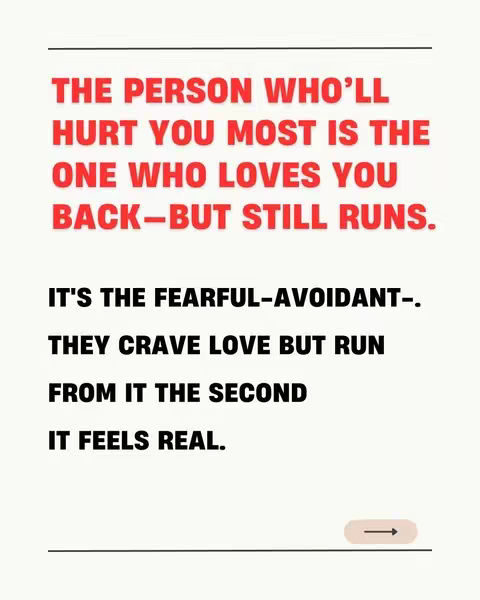 A white background with black and red text arranged in a vertical layout. The text presents a quote about relationships and a statement about emotional patterns. A small beige rectangle with a right arrow is positioned at the bottom right.