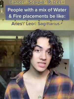 A young man with curly dark hair and a plaid shirt faces the camera, with a text overlay above him that provides context about astrological sign elements. The background has a wooden door.