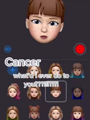 The cover image features a Memoji headshot with a surprised expression and a text overlay that states "Cancer what'd i ever do to you???!!!?!??!". Below the Memoji is a menu bar showing different Memoji face options.
