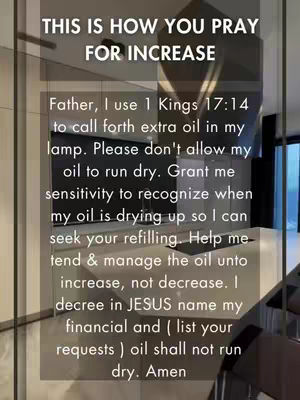The image features a text overlay with a prayer for financial increase superimposed over a blurred background of a modern kitchen.