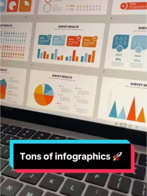The cover image shows a laptop displaying multiple infographics on the screen. Below the laptop, there is a colored bar with text overlayed. The text overlay has the words 'Tons of infographics' along with a rocket emoji.