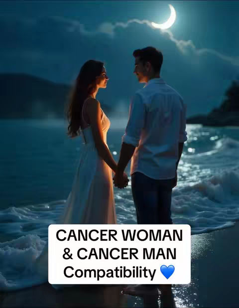A serene image of a couple holding hands on a beach at dusk. The man and woman face each other, their silhouettes highlighted against the twilight sky and ocean. A crescent moon is visible above them. A text overlay at the bottom of the frame reads "CANCER WOMAN & CANCER MAN Compatibility".