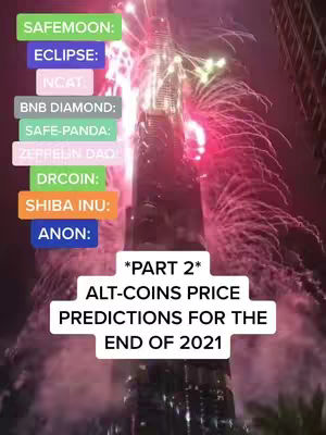 The image captures a nighttime scene featuring a tall building silhouetted against a dark sky, with fireworks exploding in the background. Overlayed on the image are several colored rectangular boxes. The boxes contain cryptocurrency names like 'SAFEMOON' and 'SHIBA INU'. At the bottom, white text on a black rectangle reads '*PART 2* ALT-COINS PRICE PREDICTIONS FOR THE END OF 2021'.
