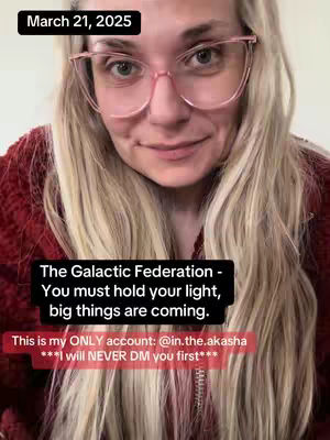 A woman with long blonde hair and pink-framed glasses looks directly at the camera with a slight smile. The background appears to be a neutral light tone. Overlay text boxes in black and red provide details about the video's context and the content creator's social media account.
