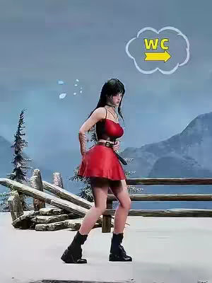 A woman in a red dress and black boots is walking towards the left with a snowy mountain background and a wooden fence on the left. A WC sign in a cloud bubble hovers above the woman.