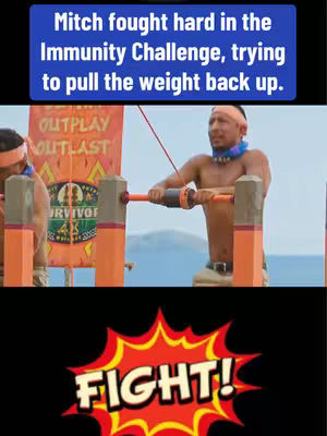 The cover image shows a still from the TV show Survivor, featuring two contestants in an immunity challenge. The main focus is on a man, wearing a headband and athletic gear, holding onto a grip bar with both hands, appearing to be in a position of strain. Behind him is a banner with the show's logo, and a red and orange graphic promoting the show. The bottom of the image features a "FIGHT!" graphic. The overall layout of the image is designed to capture the intensity of the reality TV show.