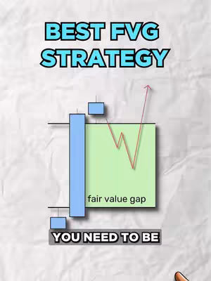 The image features a white, crumpled paper background. On top, the text "BEST FVG STRATEGY" in bold, teal letters with a black outline. Below, there is a diagram illustrating a trading strategy with blue and green rectangles and a red line with an upward trend. The text "YOU NEED TO BE" is placed at the bottom in black. A downward pointing hand is shown towards the right down corner.
