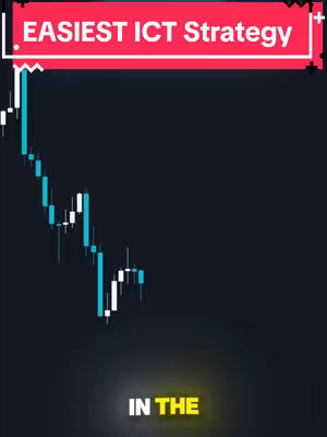 The image is a promotional graphic with a dark background. In the top portion, there's a red rectangular banner with white text that reads "EASIEST ICT Strategy". Below that, the background features a candlestick chart showing a downward trend in blue and white colors. At the bottom, the text "IN THE" is visible in yellow.