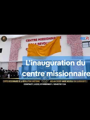 The cover image shows the inauguration of a missionary center. The word "centre" in large blue letters across the bottom half of the frame, covers a light-blue background. in the middle of the frame, in front of white building, is a yellow drape hanging from the roof's edge. The name of the center is written across the top of the building. Below the name of the building, a group of people gathers. The image is dark.