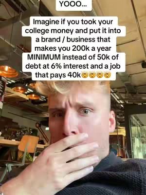 A selfie-style video cover image featuring a young man with short, light-colored hair. The man has a look of surprise, covering his mouth with his left hand. Overlaid on the image is text in a rectangular box, discussing financial choices related to college and business.