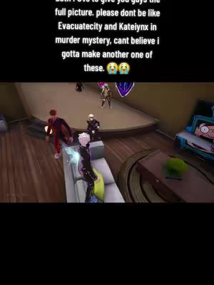 A screenshot from a video game, showcasing multiple character models interacting in a brightly lit, indoor setting. The scene appears to be from a murder mystery game, featuring players in a detailed environment with a variety of items and furniture. Text is overlaid on the top, providing context to the scene's narrative.