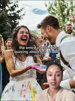 The cover image shows a joyful bride laughing, covered in paint, with a man close to her and an additional woman at the bottom, likely the creator. The main text overlay indicates a viral wedding moment.