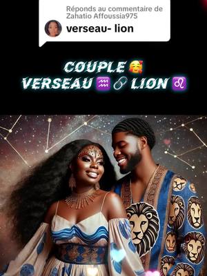 A stylized image of a couple, likely in an astrological context. A woman with long, black wavy hair, elaborate gold headwear, and a pendant necklace gazes at a man with a beard. The man is dressed in a blue and gold patterned jacket with a lion emblem, both smiling. Above them, text is overlaid on a starry background, and the overall aesthetic is digital art, possibly AI-generated.