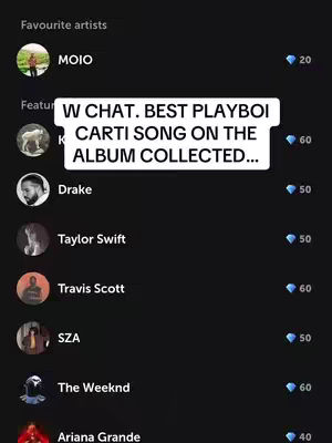 The image is a screenshot of a social media music app interface with a dark background. It displays a list of favorite artists, with profile pictures including one highlighted with a green checkmark and a text overlay. A text box is also shown that mentions ”W CHAT. BEST PLAYBOI CARTI SONG ON THE ALBUM COLLECTED...”. The layout features circles for artist photos, along with names and diamond icons followed by numbers next to them.