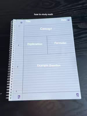 The cover image shows a spiral notebook open on a dark surface. The notebook page is designed as a study template, with labeled sections for "Title," "Date," "Concept," "Explanation," "Formulas," and "Example Question." The text "how to study math" is added at the top with text that includes symbols.