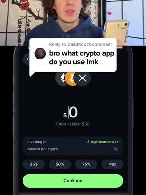 The image shows a young man in a blue hoodie in the background. The foreground is dominated by the screen of a smartphone displaying a crypto trading app. A comment bubble overlays the app screen, asking what crypto app the person uses. Various cryptocurrency logos and icons for different amounts of investment are also shown on the app screen.