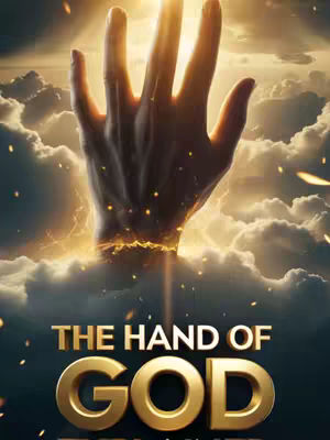 A digitally rendered image depicting the hand of God reaching down from the heavens. The hand is large and detailed, with a slight glow emanating from it. The background is filled with fluffy clouds, and a golden light shines through them, suggesting a divine presence. In the foreground, a golden text reads "THE HAND OF GOD EXPLAINED".