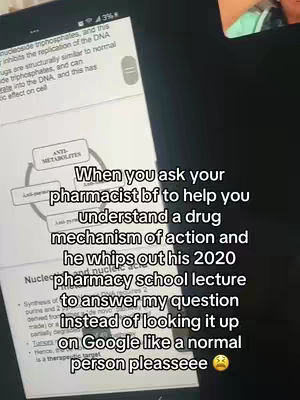 A screenshot from what appears to be a pharmacology lecture, with overlaid text describing a humorous situation with a pharmacist boyfriend.