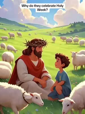 The cover image is a digital illustration depicting a pastoral scene with religious undertones. In the foreground, Jesus, identifiable by his beard, long hair, and a crown of thorns, sits on the ground facing a young boy. Both are positioned amidst a flock of white sheep grazing on green grass. The background shows rolling green hills, a blue sky, and scattered white clouds. The color palette is bright and relatively soft, employing light blues, greens, and earth tones for a serene, comforting visual.