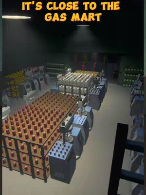 A 3D rendered image depicts the interior of a gas mart. The perspective is slightly elevated, offering a view of the space filled with a variety of industrial looking units. The color palette is muted, with a combination of black, grey, brown, and red hues, creating a somewhat sterile atmosphere.