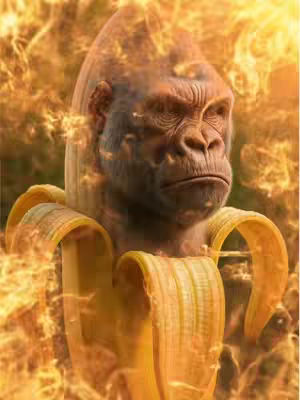 The image presents a surreal composition featuring a gorilla's head emerging from a banana. The gorilla has a serious expression. The banana is peeled open, and the whole scene is engulfed in flames. The colors are primarily warm, with orange, yellow, and brown dominating the scene. The overall composition is eye-catching and evokes a sense of the absurd.