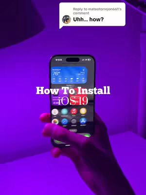A hand holding a black iPhone against a blurred purple background. On the screen, the iPhone displays the iOS 19 interface showing the home screen with application icons. The text overlay at the center says, 'How To Install iOS 19'. Above, there's a comment bubble that reads, 'Uhh... how?'.