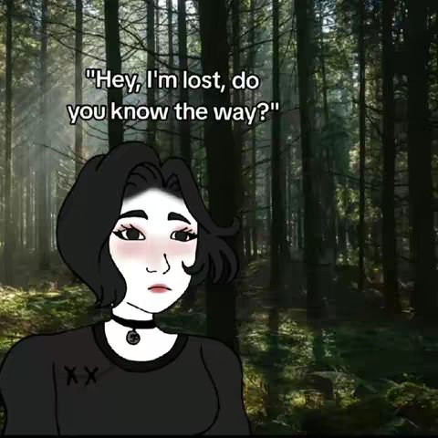 An AI generated image featuring an animated character with black hair and skin and a forest as a backdrop. Overlayed in the image is the text "Hey, I'm lost, do you know the way?"