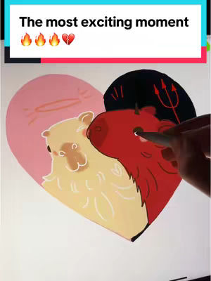 The cover image is a digital artwork depicting a heart split into two halves. The left half is a light pink with a cartoon image of a bear with an angel halo. The right half has a black background with a cartoon image of a devil, holding a trident. Text overlayed on the top of the image that reads "The most exciting moment".