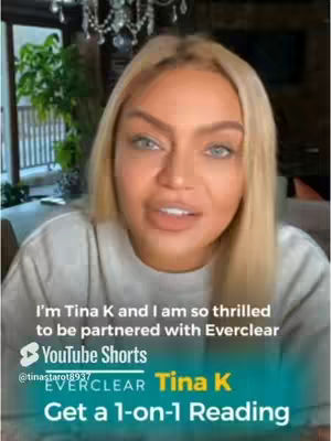 A woman with blonde hair and blue eyes is centered in the frame, appearing to be talking to the camera. Text overlays include promotional material for readings and her name, Tina K.