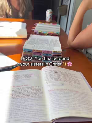 The image shows an open Bible with handwritten notes on a wooden table. A can of soda and other papers are also visible, with people in the background. Overlay text suggests the content is about finding friends in a religious context.
