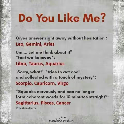 The image presents a vertical layout with a paper-like texture overlayed on a gray background. The primary element is a text-based content arranged in a list format, with the title in bold red, and textual responses related to zodiac signs in a white font.