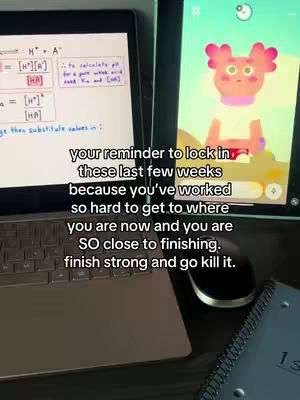 The cover image shows a study setup with a laptop displaying chemical equations and an iPad showing a cartoon character. Overlay text encourages viewers to focus on their studies.