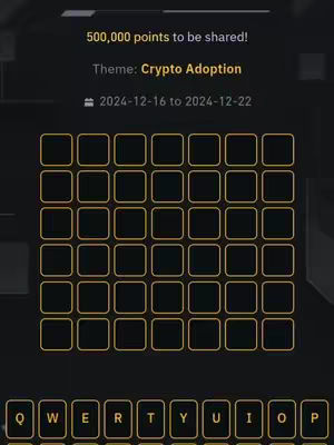 The image is a mobile game interface, rendered on a dark background. The upper section displays the text '500,000 points to be shared!' and 'Theme: Crypto Adoption'. Below this are 30 squares and a keyboard