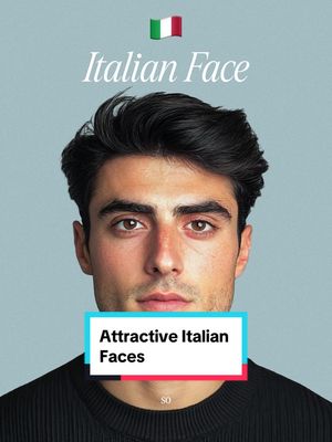 A portrait of a young man centered in the frame, with dark hair styled back from his face. The background is a soft, light blue-gray. The text overlay includes 'Italian Face' above the subject's head, a small Italian flag icon in the upper right corner, and a rectangular box at the bottom with the text 'Attractive Italian Faces'. The man has brown eyes, a slightly tanned complexion, and is wearing a black shirt. The overall aesthetic is clean and the composition is symmetrical.