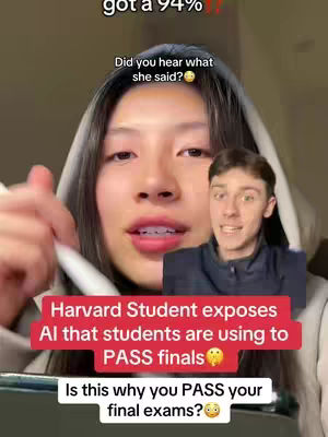 A young woman in a hoodie looks at the camera, with a small video inset of a young man reacting on the right side. Overlaid on the image are several lines of text in a bold white font against red and black backgrounds. At the top of the image is a line of text 'got a 94%??'. In the bottom-left corner is part of a laptop screen.