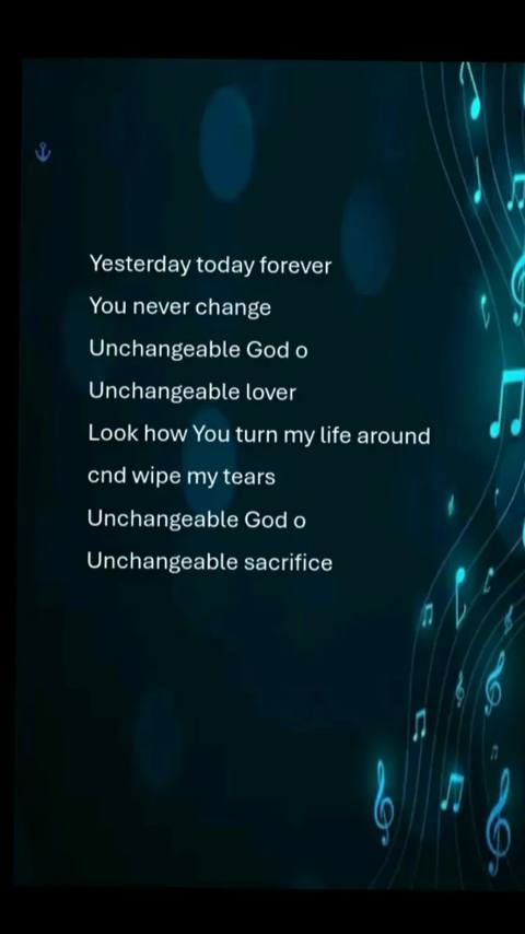 The image features a dark blue background with glowing blue musical notes scattered throughout. Centered are vertical lines of white text resembling lyrics, providing the core message against this backdrop.