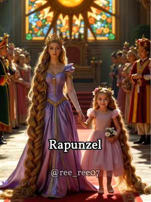 A digitally created image of a grand hall with a large stained glass window serving as a backdrop. In the foreground, a woman with long, flowing blonde hair dressed in a purple gown stands holding the hand of a young girl in a pink dress, who also has long blonde hair. Both figures wear crowns and are styled in a Disney princess aesthetic. The text overlay reads "Rapunzel" in a bold, white font with a black outline, placed at the bottom-center. Another text overlay, "@ree_reo7", appears below the text and is written in white.