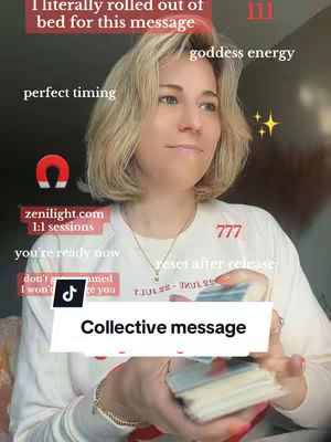 A woman with shoulder-length blonde hair is centered in an indoor snapshot, holding a stack of cards in her hands. The background is out of focus, creating a soft glow. Text overlays in multiple positions, including the words 'Collective message' in a horizontal white banner at the bottom, 'I literally rolled out of bed for this message' in a pink banner at the top, and other text bubbles spread around, with numbers '111' and '777' in the top-right corner. The woman is wearing a white long-sleeved top, with a pendant necklace.