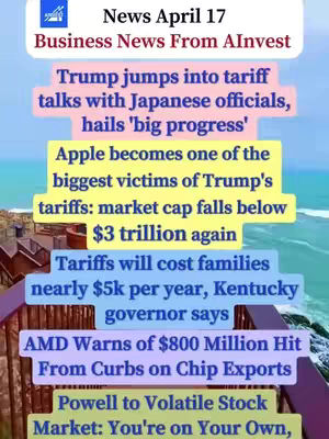 The cover image is a vertical infographic-style design with a background that transitions from light blue at the top to a soft aqua color at the bottom. Across the image, various news headlines about business and finance in white text are placed on colored rectangular blocks for emphasis. In the top left corner, a logo is present, and the words 'News April 17' are displayed, denoting the publication date. The overall composition conveys a professional and informational tone. At the background there are some stairs and a sea view.