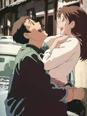 An image inspired by Ghibli art style features a man and a woman embracing and laughing. The man is on the left, wearing a green jacket and dark shirt, looking up with an open mouth in laughter. The woman is on the right, wearing a white shirt, her eyes directed at the man, also laughing. They are against a blurred background of buildings, creating a sense of depth and place. The color palette is warm, suggesting a sunny scene.