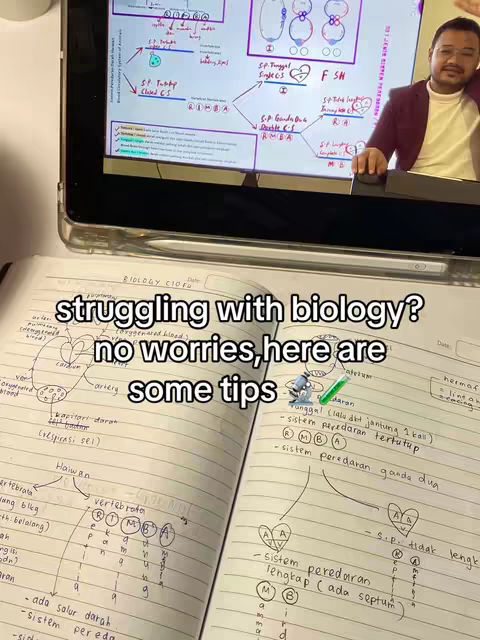 The cover image shows a person behind a table of notes on biology concepts, with their face displayed with the computer on the background. There is a hook at the bottom of the cover image.