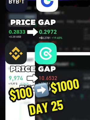 The image is a composite with a split background: the top half is plain colored and the bottom is dark with overlaid elements. It prominently features logos of crypto platforms and data comparisons, price gaps, and financial gains. Text overlays call attention to changes in price or profit, with "PRICE GAP" displayed prominently.